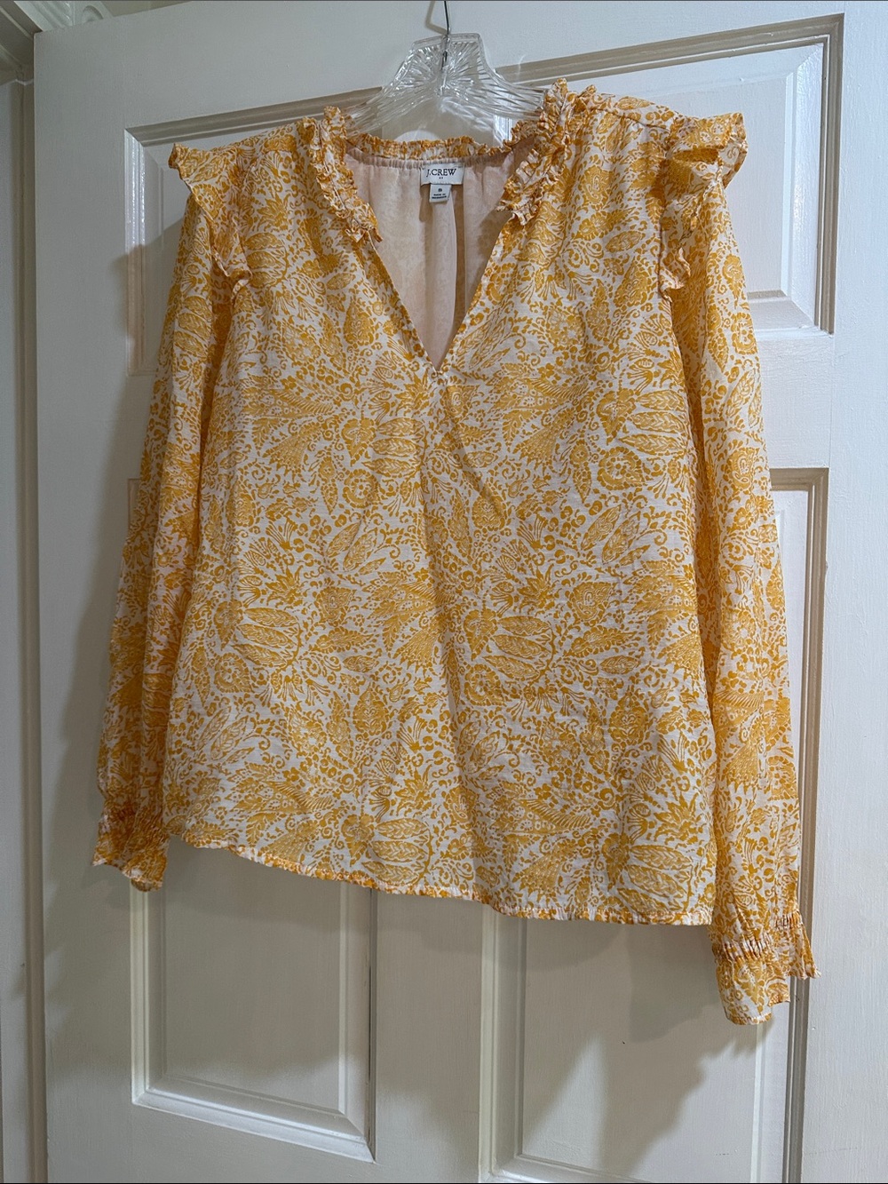 J. Crew Yellow Paisley Ruffle V-Neck Blouse